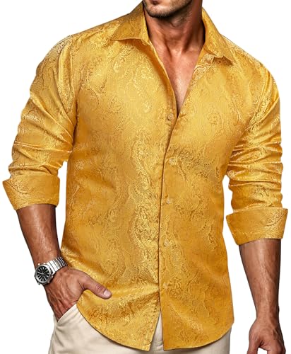 Image of Ailisus Mens Gold Shirts Long Sleeve Button UP Vintage Paisley Floral Silk Shirt Wedding Party Casual Costume Designer XL