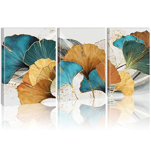 Impression sur toile abstraite ginkgo de luxe 3 cadres pour salon chic