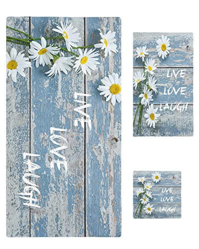 Colorsum Towel Sets For Bathroom 1 Bath Towel 1 Hand Towel 1 Washcloth Live Love Laugh Farm White Daisy Flower Rustic Old Wooden Blue Printed Towels Highly Absorbent Bathroom Towels - Set Of 3 #TOP20