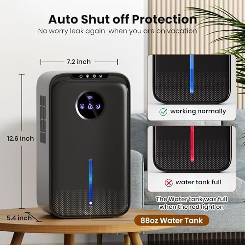 Dehumidifier(88.0OZ) for Home With Drain Hose Timer(8-12-24H) Quiet Portable Dehumidifier with Auto Shut Off for Bedroom Bathroom Basement Kitchen RV Closet(1000Sq.ft) - Image 6