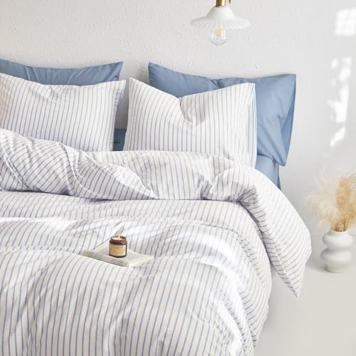 Image of Wake In Cloud - Striped Cotton Duvet Cover Set, Ticking Stripe Vertical Pinstripe Farmhouse, 100% Washed Cotton Textured Bedding Set, 3 Pieces, Blue White, King Size