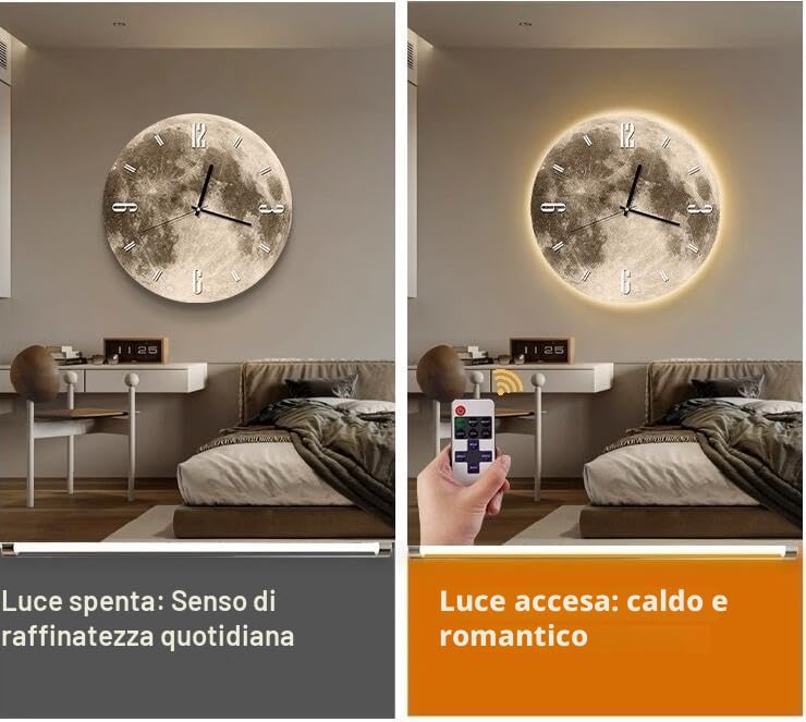 AAVEDA Orologio da parete a forma di luna, silenzioso e luminoso, orologio da parete a LED da 12 pollici, senza ticchettio, motivo luna rotonda, decorazione soggiorno, decorazione per bagno, camera da