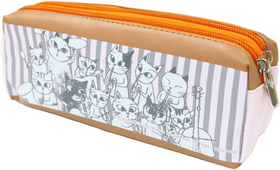 PartyErasers Shinzi Katoh Double Zipper Pouch Pencil Case - Orchestra Cats, Brown