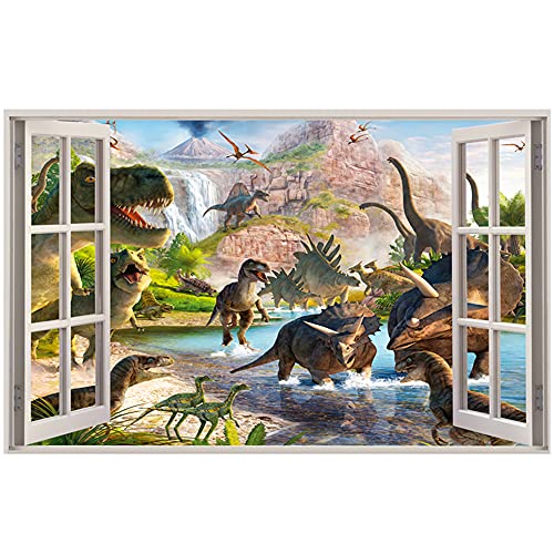 3D Watercolour Dinosaur World Fake Windows Wall Sticker,Peel and Stick Removable Decals for Nursery Bedroom Playroom Living Room...