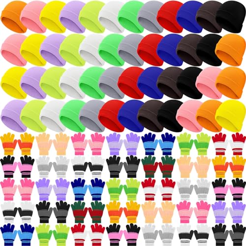 Image of Chuarry 144 Pcs / 72 Sets Kids Winter Hats and Gloves Bulk, Knit Hat Gloves Pack Unisex Winter Gift for Boys Girls Donation