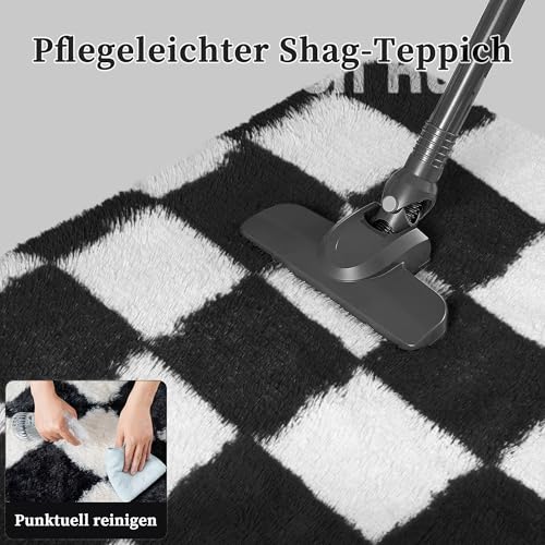 HUGEAR Kariert Flauschig Läufer Flur Teppich 60x180 Teppiche Schwarz Weiß Shaggy rutschfest Kinderzimmer Mädchen Junge Carpet Bettvorleger Schlafzimmer Hochflor Weich Langer Carpets