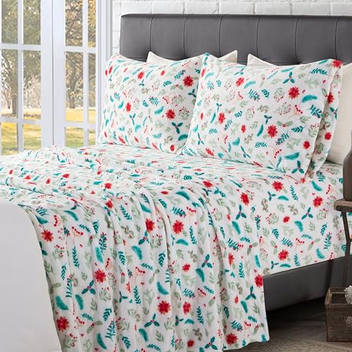 Elegant Comfort Luxuriously Soft 4-Piece Holiday Velvet Plush Flannel Sheet Set - Premium Quality - Cozy Warm, Christmas Fuzzy Velvet Flannel Fleece Deep Pocket Sheet Set - Twin, Winter Bloom