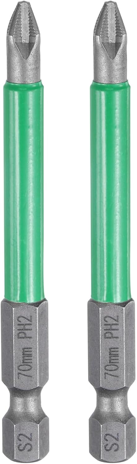 HARFINGTON 2pcs #2 Anti Slip Phillips Impact Screwdriver Bit PH2 1/4" Hex Shank 2.8" (70mm) Magnetic Cross Head Drill Bits Sandblasted S2 Steel Screw Driver Power Electric Tools, Gray/Green