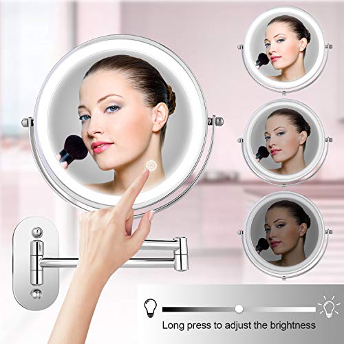 Himimi LED Wall Mounted Makeup Mirror, Double Sided Swivel Vanity Mirror, Touch Button Adjustable Light, Stainless Steel, Shaving in Bedroom or Bathroom, 8 inch, 4 x AAA Batteries (not Included)