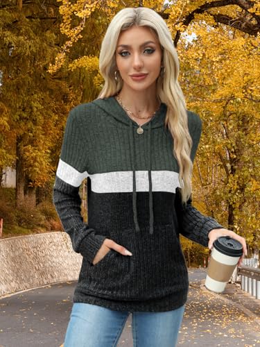 MixShe Women’s Color Block Knit Hoodie – Casual Long Sleeve Pullover Sweater Tops with Pocket