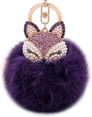 Anple Real Rabbit Fur Ball with Artificial Fox Head Inlay Pearl Rhinestone Key Chain for Womens Bag or Cellphone or Car Pendant (Purple2)