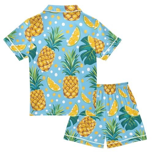 ALAZA Tropical Palm Leaves Pineapple Blue Pajamas Satin Pajama Set Short Sleeve Button Down Sleepwear2