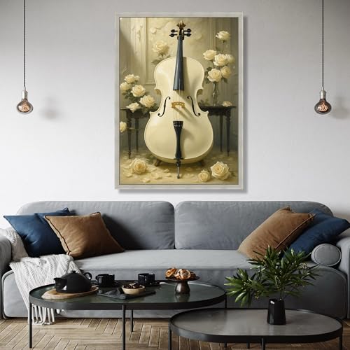 Lienzo de violonchelo blanco vintage de 21x30 cm cuadro de música floral crema sin marco 4