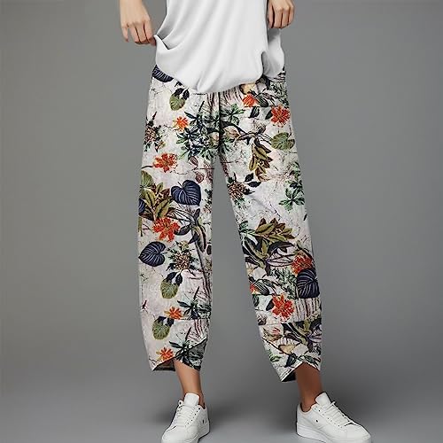 Linen Pants Women Jeans Linen Pants Women Casual Cotton Linen Wide Leg Cropped Trousers Summer Print Lounge Palazzo Pant with Pockets Trendy 2025 Elastic Waist Pajamas Tall Long Vacation2