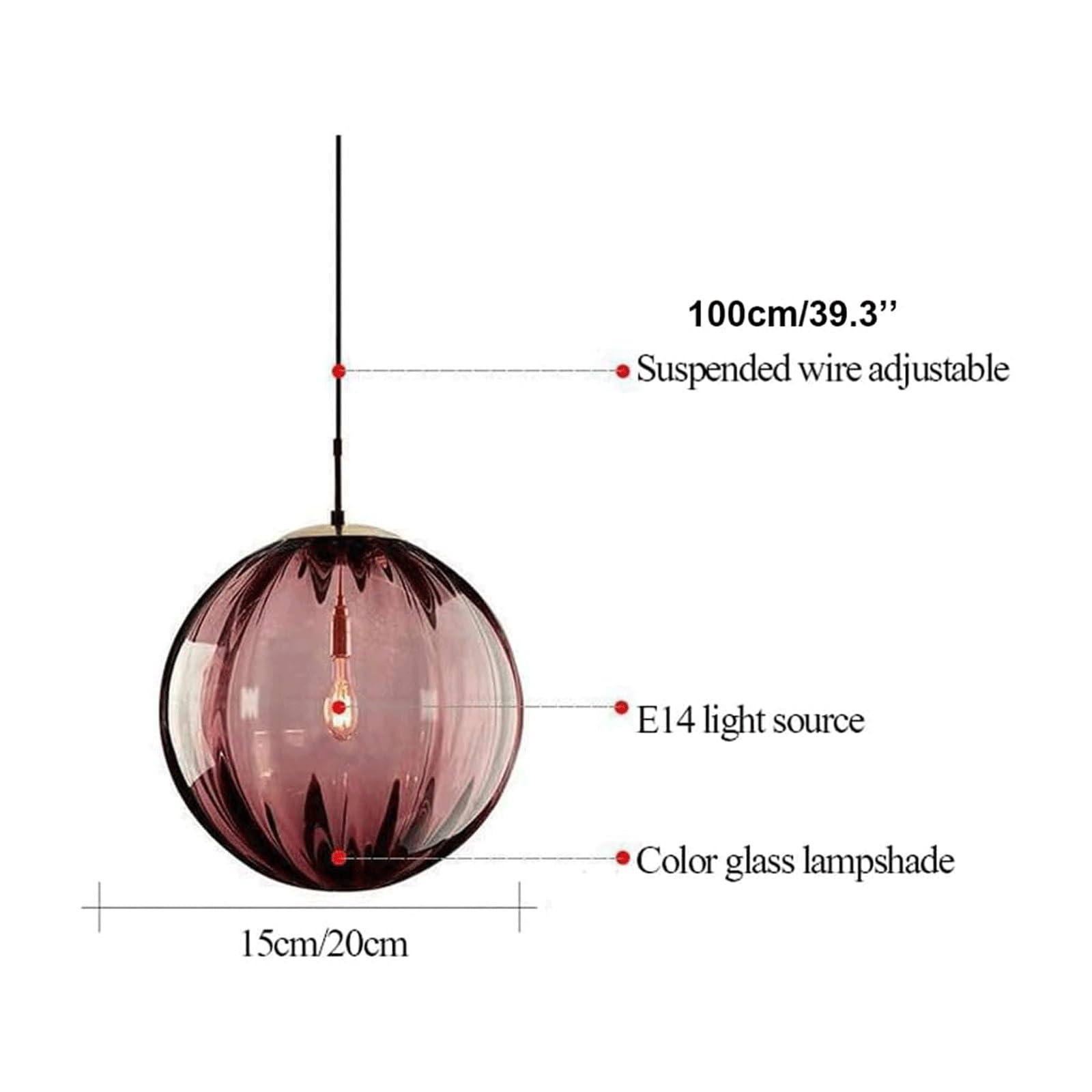 Lampa wisząca do montażu na suficie szklana kula wisząca żyrandol 1 światło E14 lampa sufitowa wyspa lampa wisząca (Rot, 20 cm)