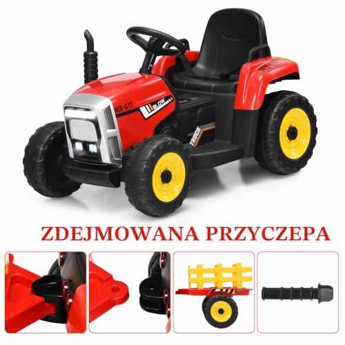 COSTWAY Traktor 12 V, 3-biegowy ze zdejmowaną przyczepą i pilotem zdalnego sterowania 2,4 G, traktor do siedzenia dla dzieci z diodami LED, muzyka, klakson i funkcje USB, odpowiedni dla dzieci od 3