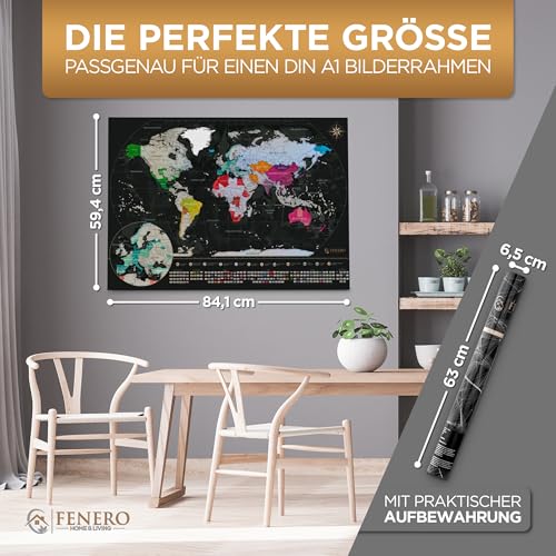 FENERO Weltkarte zum Rubbeln XXL [DIN A1] - aus exklusivem Kunststoff - Rubbel-Weltkarte Deutsch - Landkarte zum Rubbeln mit Marker, Plektrum & Täschchen - SILBER