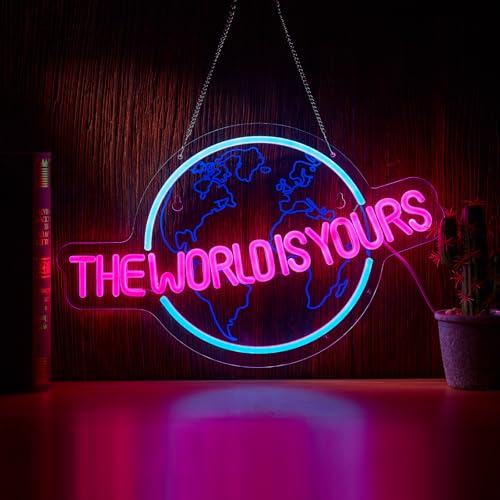 Hoyoelec The World is Yours Neon Sign for Wall Decor LED Dimmable Light Switch Wall Sign for Cool Light, Wall Art, Bedroom Decorations, Home Accessories, Party, and Holiday Decor