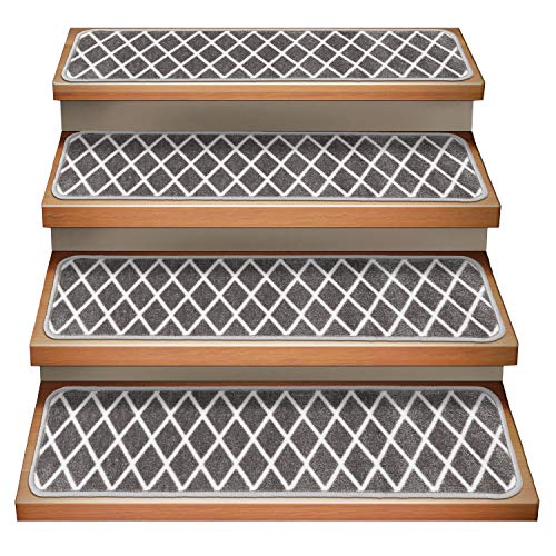House, Home and More Set of 15 Attachable Indoor Carpet Stair Treads - Diamond Trellis Lattice - Misty Gray & Linen White - 8 Inches X 26 Inches