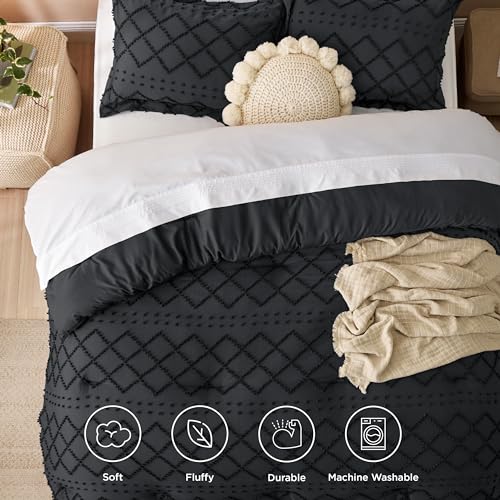 Image of Bedsure Full Comforter Set - Black Comforter, Boho Tufted Distressed Vintage Bedding for Kids, 3 Pieces Farmhouse-Style Bed Set for All Seasons, Fluffy Soft Bedding with 2 Pillow Shams