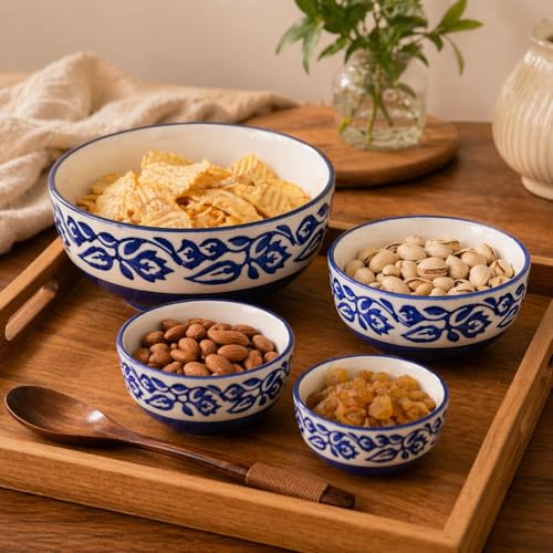 Image of Ceramic Mixing Bowl Set - 4 Pieces (1500ml, 800ml, 600ml, 400ml), Blue Vine - Durable, Microwave & Dishwasher Safe - Ideal for Mixing, Serving & Storage