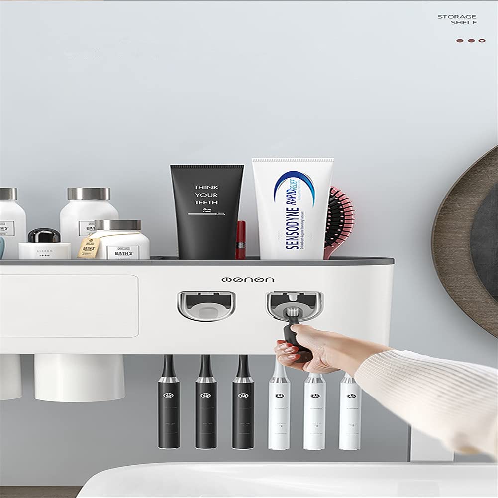 Kit de soporte de cepillo de dientes montado en la pared con doble dispensador automático de pasta de dientes para baño y inodoro, soporte de cepillo de dientes de ducha con taza (gris)