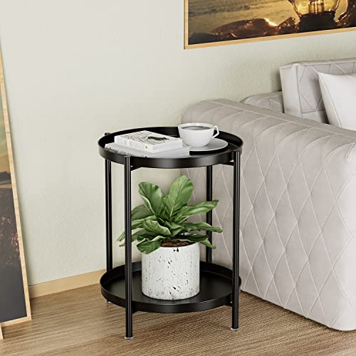 Ovicar Tray End Table - Metal Side Table 2 Tier Nightstand Round Accent Coffee Table Sofa Side Table Waterproof Indoor Outdoor Snack Table Removable Tray Table For Living Room Bedroom Office Black #TOP3