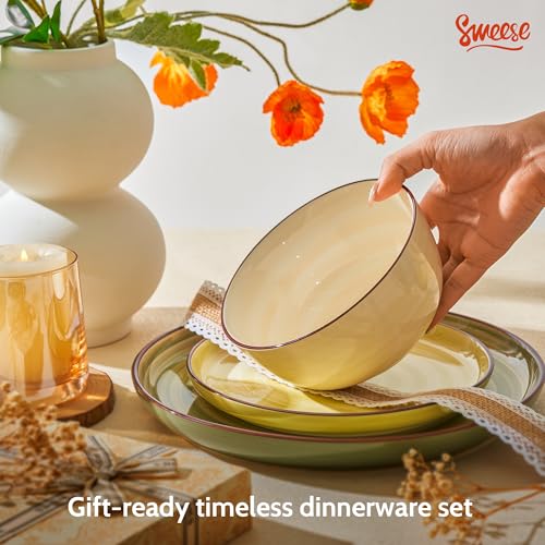Image of Sweese Plates and Bowls Sets, 18 Piece Dinnerware Set Porcelain Round Dinner Set for 6, Scratch Resistant Dishes Set, Dishwasher and Oven Microwave Safe Handpainted Swirl Dishware Sets, Assorted Green