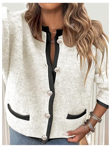Image of MakeMeChic Women's Knitted Cardigan Sweater Casual Button Front Long Sleeve Crew Neck Sweaters Tops White Medium
