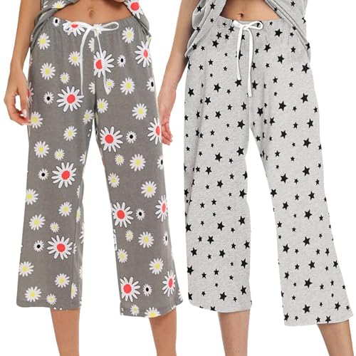 MIA LUCCE Pantalon Pyjama Femme 3/4 Bas de Pyjama Femme Doux Léger d'Été Pyjama Femme pour Sport Dormir et Loisir M-XXL