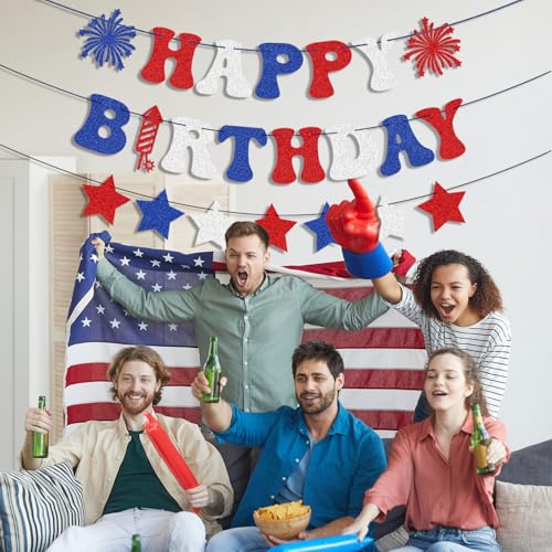 Image of 4th of July Happy Birthday Banner - Red, White + Blue Paper Glitter, 4th of July Birthday Decorations, USA Stars Banner, America Independence Day Veterans Day Birthday Party Favors