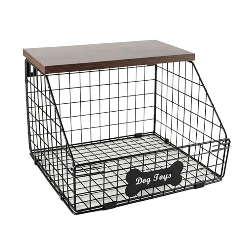 Brabtod Metal Dog Toy Basket (11.8"x12"x8"),Dog Storage Organizer,Trapezoid Dog Toy Bin for Dog Accessories,Pet Stuff Storage Rack with Wood Shelf-Sturdy and Easy to Assemble