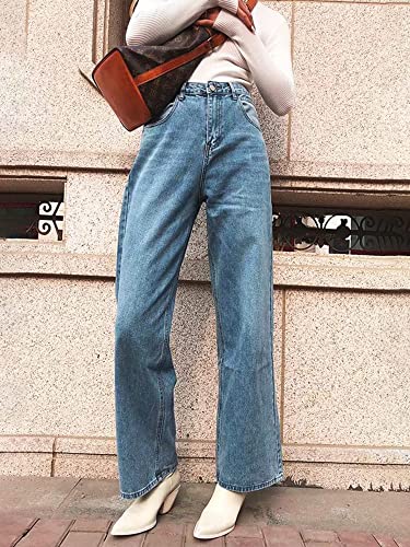 Hdlte Women Wide Leg Jeans Junior High Waist Baggy Jeans Loose Boyfriends Jeans Blue Washed #TOP3
