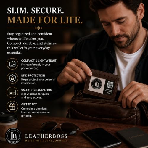 Image of LB LEATHERBOSS Slim Thin Leather Credit Card Triple ID Window Mini Wallet Bifold Driver License Safe (Brown)