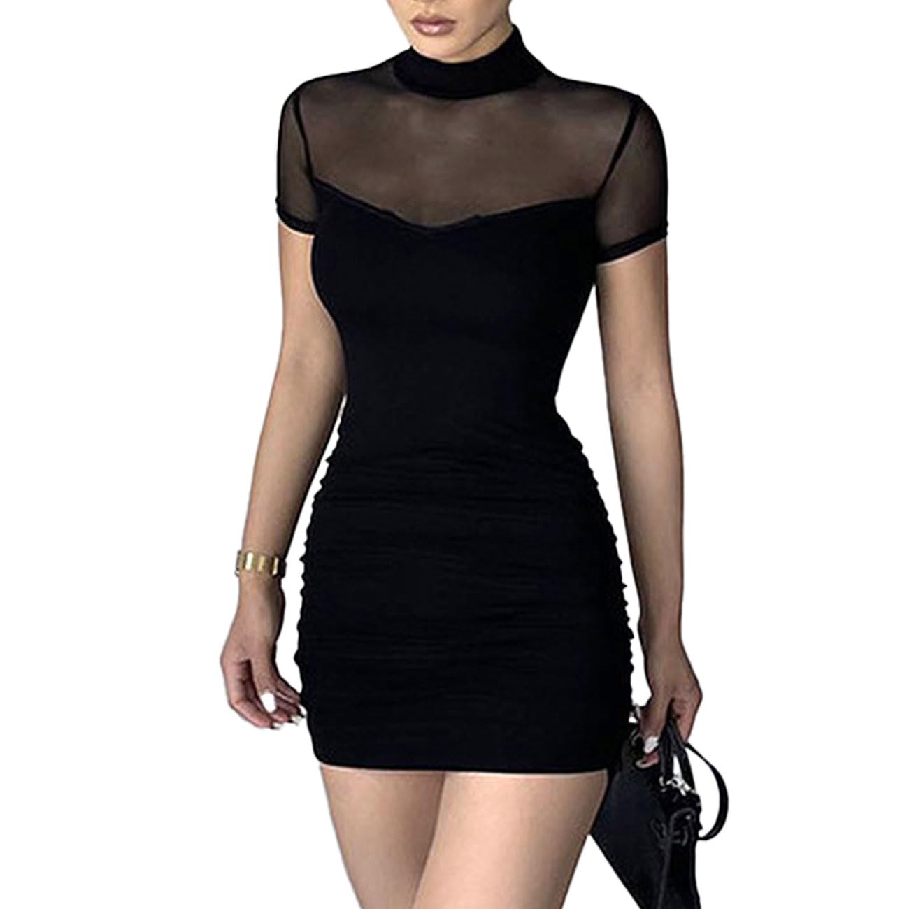 EMOTTOS Sexy Mini Vestido de Malla, Suave de Las Mujeres de Encaje Patchwork Club Bodycon Dress, Medio Cuello Alto Pullover Ruched Vestidos de Fiesta