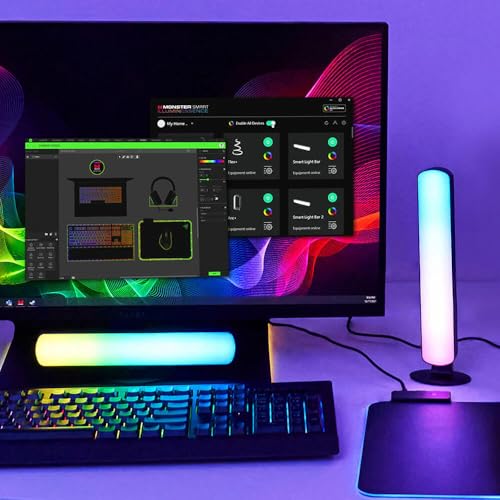 Image of Monster Smart LED Light Bars 2 Pack, RGB+IC Multi-Color Razor Chroma TV & Gaming Wi-Fi Light Bars, Dimmable, Sound Reactive, Multi Position, App & Voice Control, Works with Alexa, Google Home, Siri