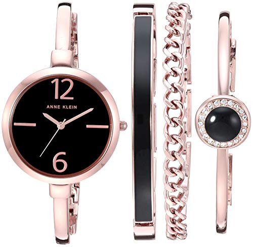 Anne Klein Bangle Watch and Premium Crystal Accented Bracelet Set, Black/Rose Gold, dress
