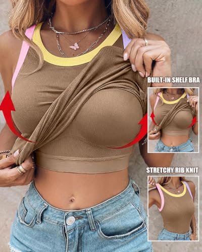 Image of CHICME Womens Sleeveless Ribbed Built in Bra Tank Tops