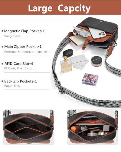 Image of Crossbody Bags for Women,Multi-Pocket Leather Crossbody Purse | RFID Blocking Pockets,Fits iPad,Adjustable Wide Strap,Quilted Exterior,8 Card Slots,Gift Ready