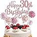Cymeosh Topper di Compleanno 30 anni Donna, Cake Topper Happy Birthday Oro Rosa, Glitter Decorazione Torta Palloncini Coriandoli Rose e Ventaglio di Carta per Decorazione Festa 30 Compleanno