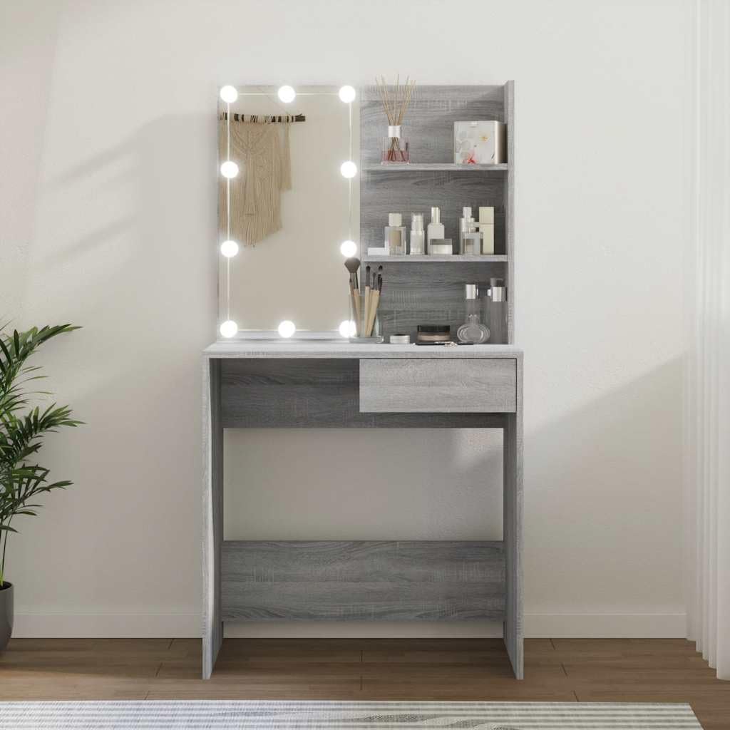 Tocador con iluminación LED gris Sonoma 74,5 x 40 x 141 cm con espejo cajón y estante, espacio de almacenamiento para dormitorio, habitación juvenil o niña
