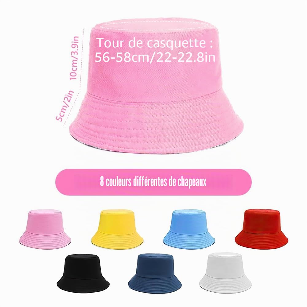 Lot de 8 Bobs Unisexes, Chapeaux De Pêcheur, Noir, Rouge, Rose, Blanc, Bleu Ciel, Bleu Foncé, Jaune, Orange, 55-58CM, Chapeaux de Soleil Double Face Anti-UV, Bucket Hat pour l'Automne, Camping