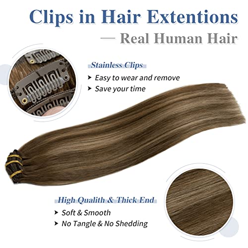 Image of Clip in Hair Extensions Real Human Hair S-noilite #4T4P27 Chocolate Brown to Caramel Blonde Double Weft hair extensions 20 Inch Clip in Real Human Hair for Women Balayage Straight 7PCS 125g
