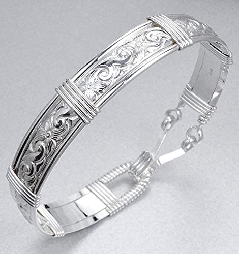 Handmade Real Sterling Silver Bracelet - Waves & Flowers Pattern - Silver Bracelets For Women - Made In Alaska (Medium - 7 1/4" Inner Measurement) #TOP5