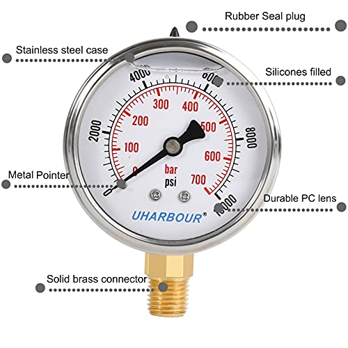 Image of UHARBOUR Glycerin Filled Pressure Gauge 10000psi /700bar, Stainless Steel case, Brass Inside Construction, 2-1 /2 inch dial, 1 /4 inch NPT Rear Connection.