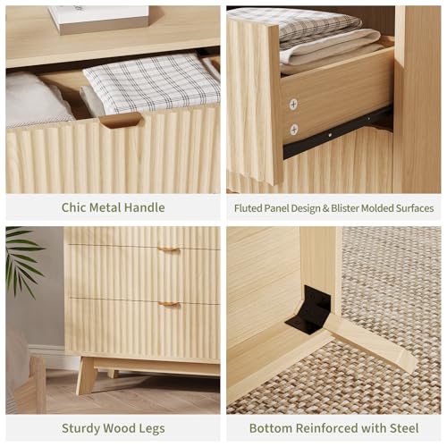 Garvee 5 Drawer Dresser, 32 Inch Tall Mid Century Modern Dresser Drawers, Waveform Fluted Side Table, Wood Drawer Organizer for Bedroom Living Room, Hallway, Natural Oak