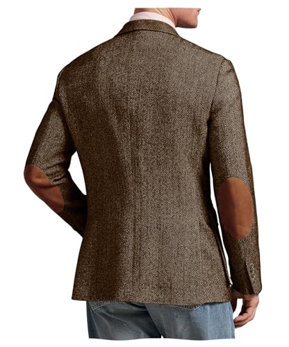 Men Sports Coat Elbow Patches Herringbone Tweed Jacket Peak Lapel Western Spring Business Casual Brown XL