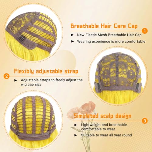 Image of Pastel Yellow Wavy Bob Wig for Women, Short Shoulder Length Synthetic Wig with Bangs, Matte Natural Realistic Look Lightweight Hairpiece, Yellow Color for Daily Wear & Cosplay Costume