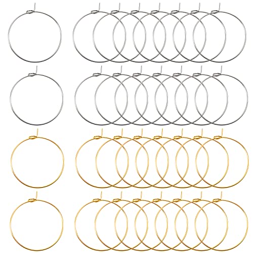 TOAOB Aros para Pendientes 100 Piezas Pendientes de Aro 30 mm Aros de Alambre Tono Plateado y Oro Anillos de Abalorios de Copa de Vino para Hacer Manualidades DIY Favores de Fiesta