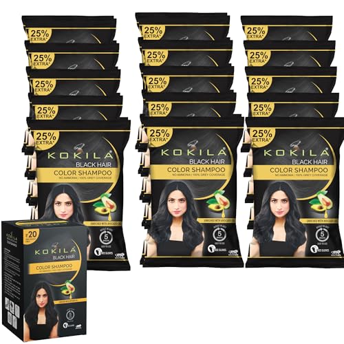 Image of Kokila Unisex Hair Color Shampoo Enriched With Almond Oil in Just 5 Minute, Long-Lasting Instant Hair Color Black Pack of 20 (18ML Each)